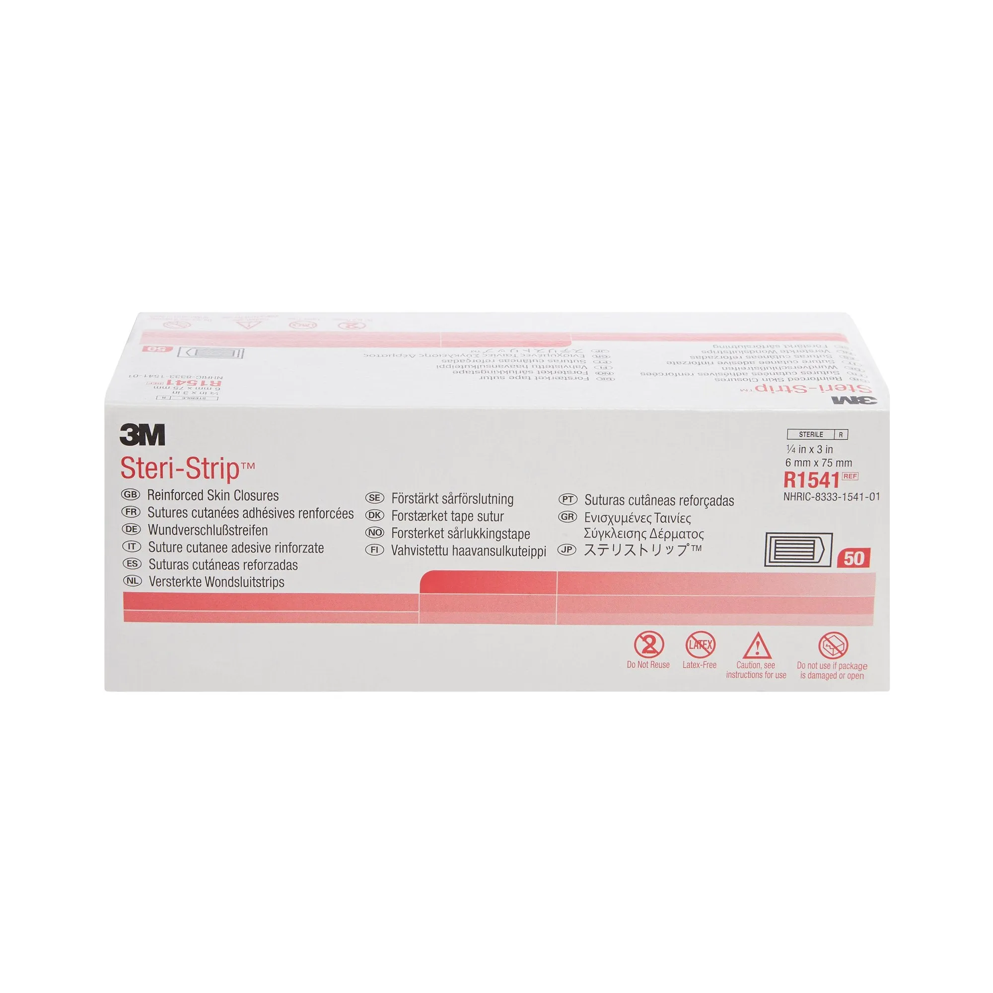 3M Steri-Strip Skin Closure Strips, Non-Woven, 1/4 inch X 3 Inch, Reinforced Strip, White, 1 Box of 50