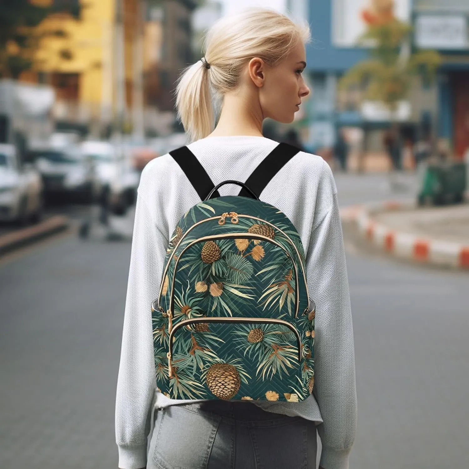 ALAZA Small Backpack Purse Chestnuts Pines Green Tropical Quilted Backpack for Women Teen Girls Fashion Daypack Ladies Bookbag Travel Work Daily Rucksack