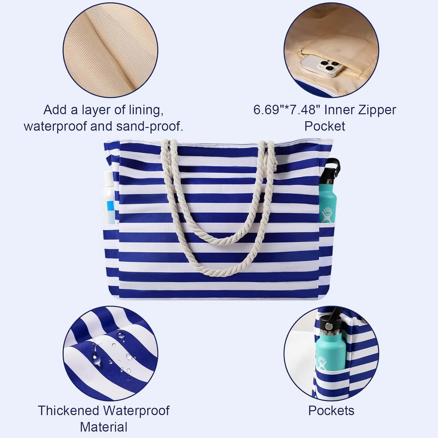 Beach Bags for Women - Large Beach Tote Bag Waterproof Sandproof with Zipper, Swiming Pool Bag Large Tote