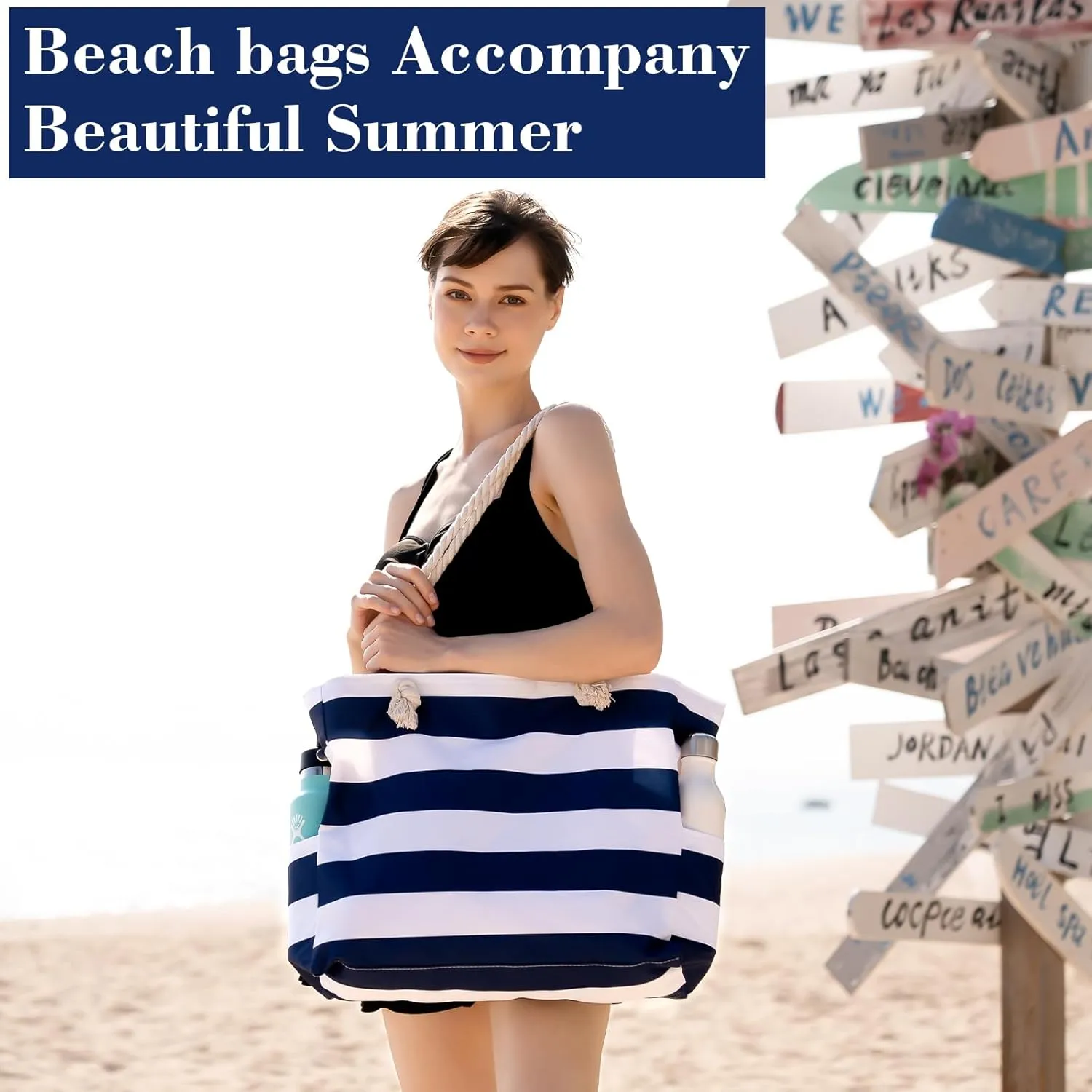 Beach Bags for Women - Large Beach Tote Bag Waterproof Sandproof with Zipper, Swiming Pool Bag Large Tote