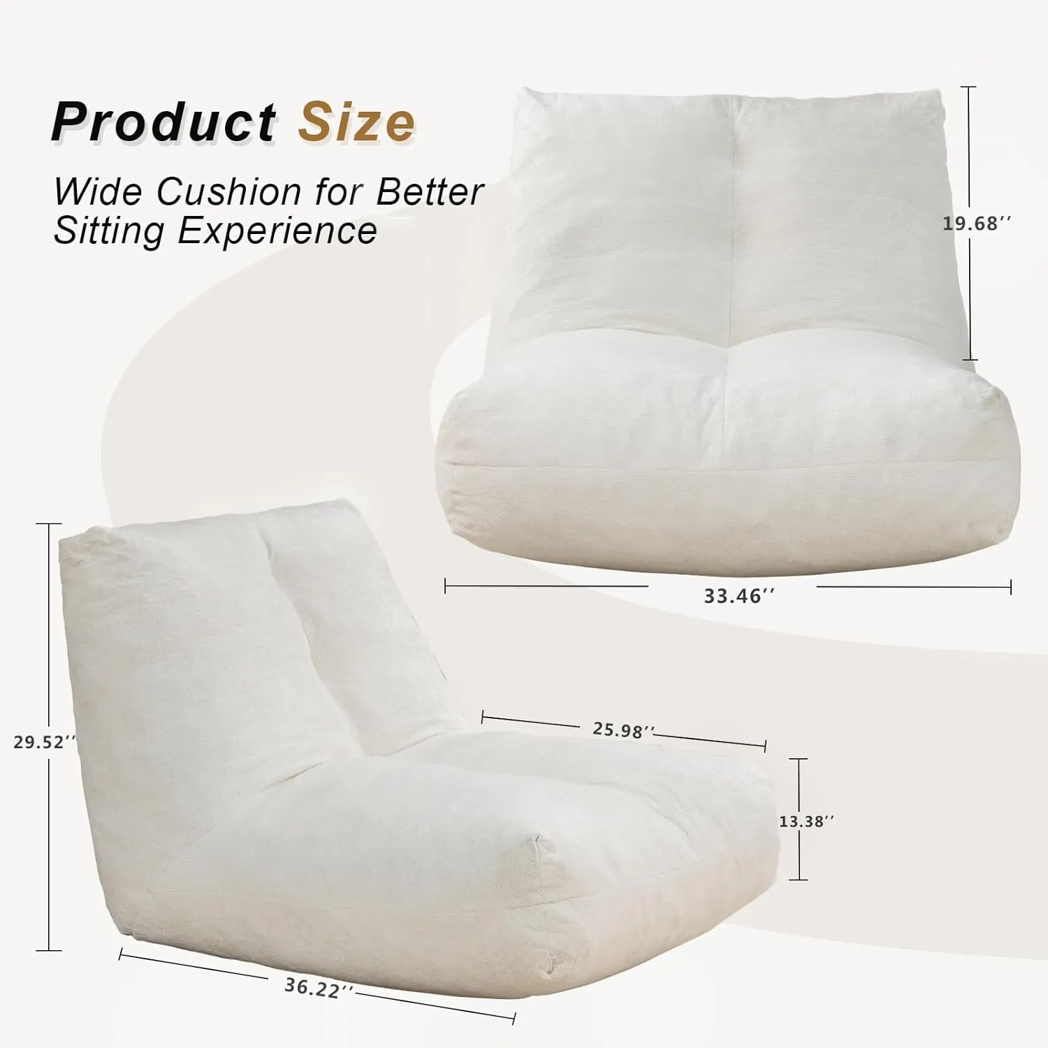 Bean Bag Chairs for Adults, Ergonomic Support Reading Floor Sofa Chair with Filler, Spacious Single Sofa, Comfy Cozy Beanbag Couch for Bedroom Apartment Living Room(Beige)