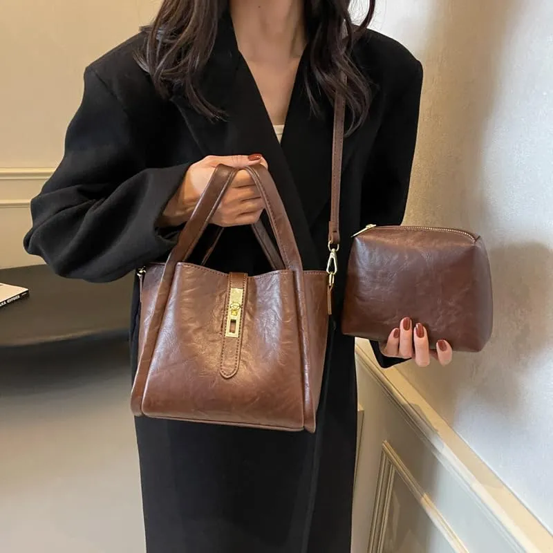 Bucket Bag for Women, Vegan Leather Bucket Bag Trendy Vintage Bucket Bag Leather Purse with Adjustable Shoulder Strap