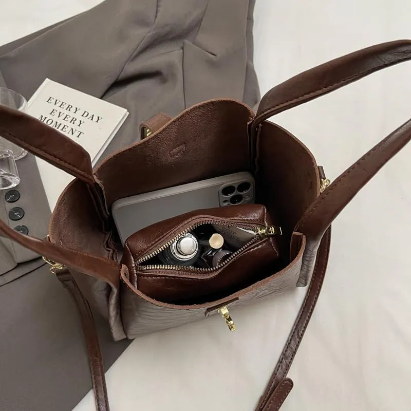Bucket Bag for Women, Vegan Leather Bucket Bag Trendy Vintage Bucket Bag Leather Purse with Adjustable Shoulder Strap