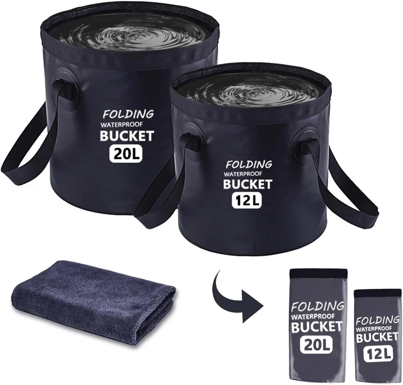 Collapsible Bucket with Handle 5 Gallon Portable Folding Bucket Upgraded Ultra Lightweight Outdoor Basin Pail for Fishing, Camping, Hiking, Car Washing and More (Black, 20L-12L)