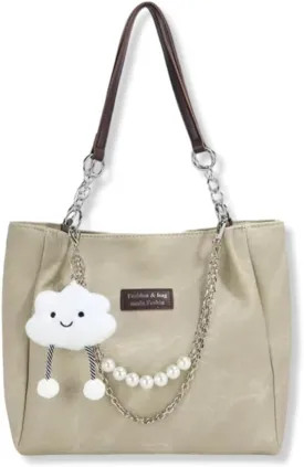 Fashion Cloud Charm Shoulder Bag, Pearl Chain Detail, Large Capacity Tote Bag
