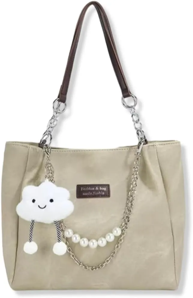 Fashion Cloud Charm Shoulder Bag, Pearl Chain Detail, Large Capacity Tote Bag