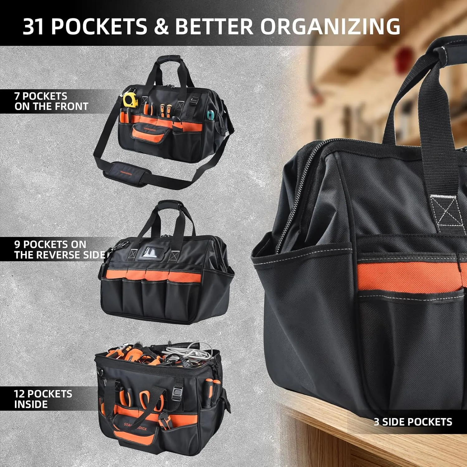 Heavy Duty Tool Bag 17-Inch, Portable HVAC Electrician Tool Bag with 30-Pockets, Large Open TopTool Box Organizer for Men Wide Mouth with Waterproof Rubber Base