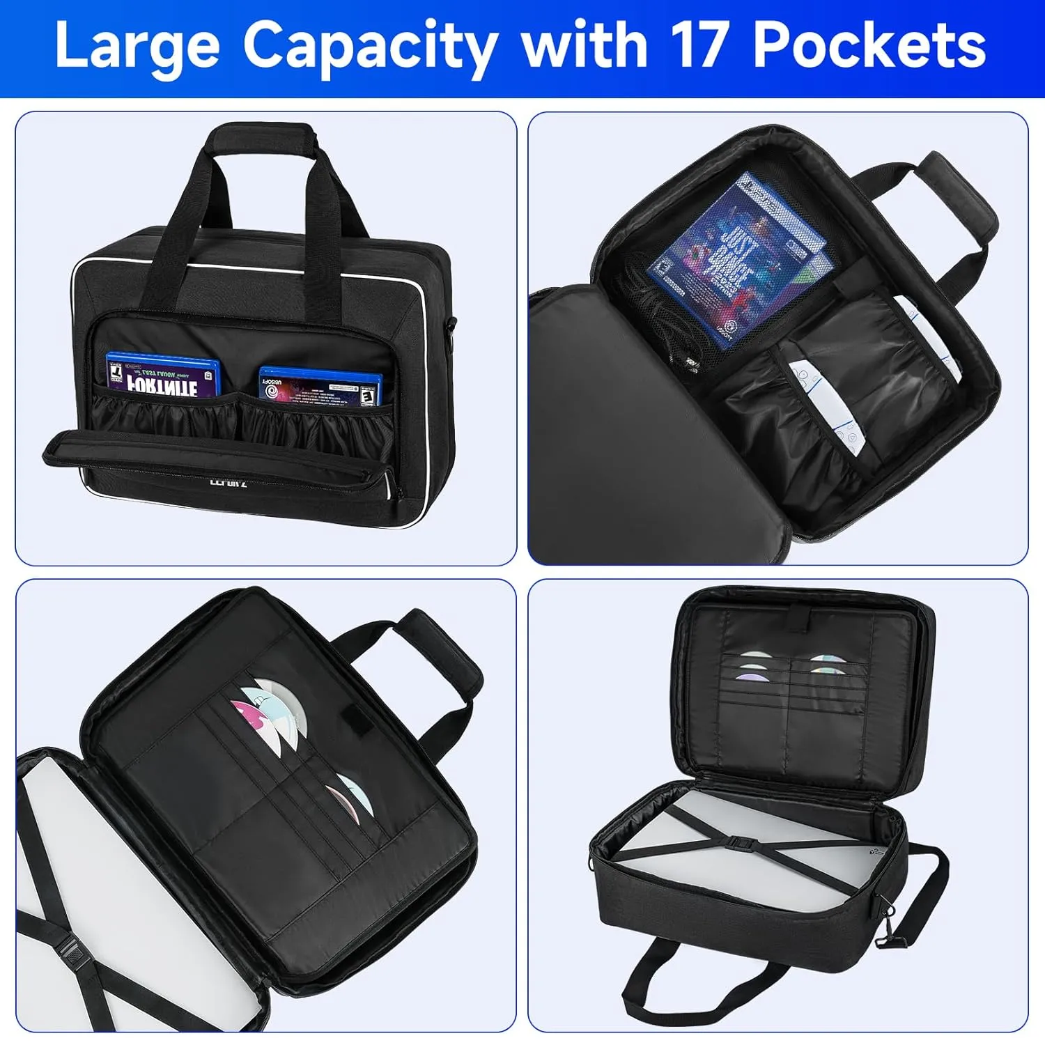 LEFORZ Carrying Case Compatible with PS5/PS5 Pro/PS4,17 Pockets Travel Storage Bag with Thick Padding Compatible with Playstation 5/PS5 Digital Edition,Controller,Game Discs,Charger & Accessories