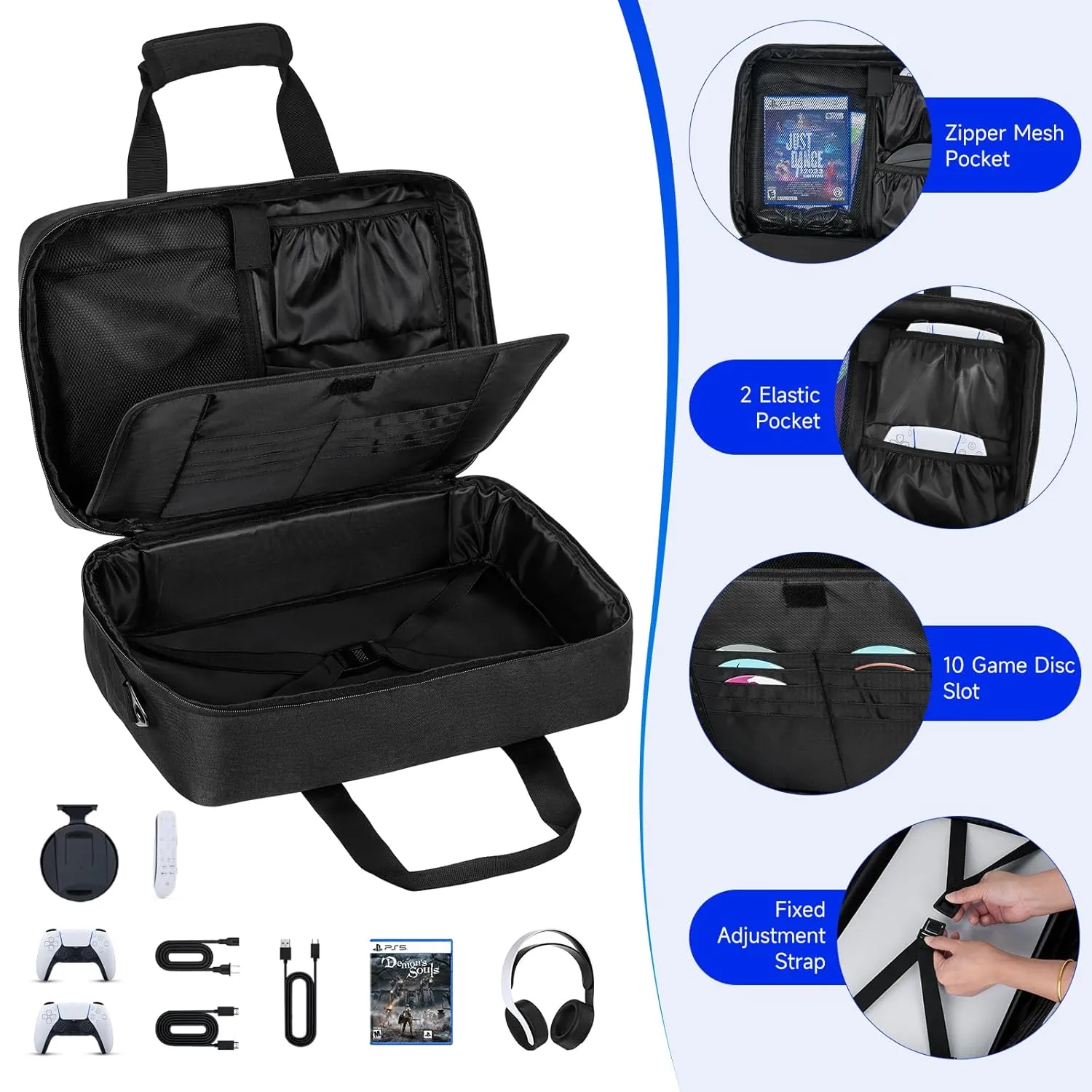 LEFORZ Carrying Case Compatible with PS5/PS5 Pro/PS4,17 Pockets Travel Storage Bag with Thick Padding Compatible with Playstation 5/PS5 Digital Edition,Controller,Game Discs,Charger & Accessories