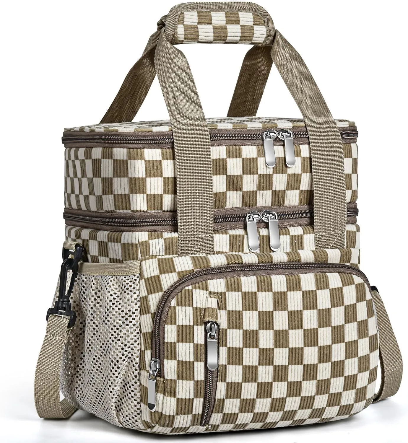 Lunch Box for Women, Double Insulated Lunch Bag Reusable Leakproof Cooler Bag Portable Picnic Food Bag, Adult Lunch Tote Lunch Bag for Work, Office, Travel, Beach - Corduroy Khaki Grid