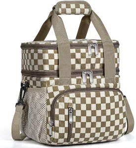 Lunch Box for Women, Double Insulated Lunch Bag Reusable Leakproof Cooler Bag Portable Picnic Food Bag, Adult Lunch Tote Lunch Bag for Work, Office, Travel, Beach - Corduroy Khaki Grid