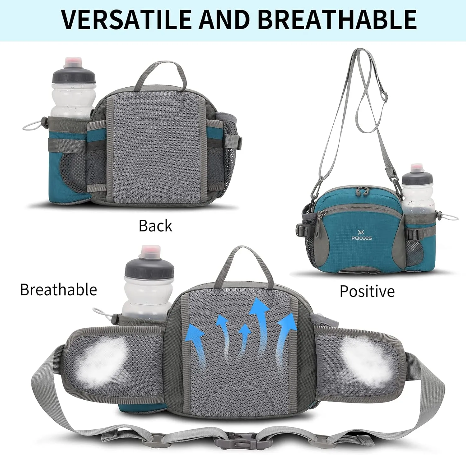 Peicees Hiking Fanny Pack Large Waist Bag for Men Women with Bottle Holder Water Resistant Lumbar Pack for Hiking Camping Fishing Outdoor (Bottle Not Included)