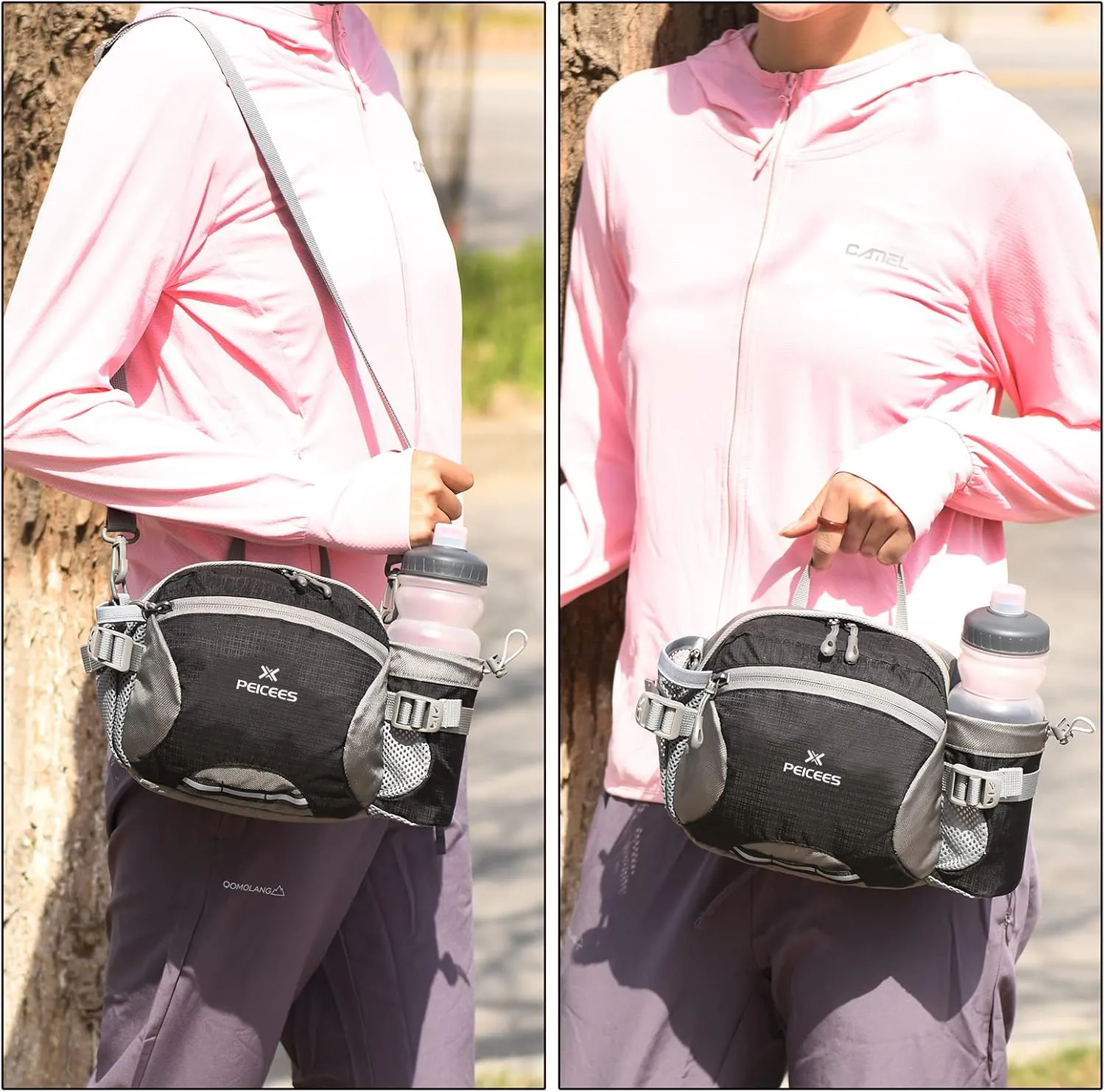 Peicees Hiking Fanny Pack Large Waist Bag for Men Women with Bottle Holder Water Resistant Lumbar Pack for Hiking Camping Fishing Outdoor (Bottle Not Included)