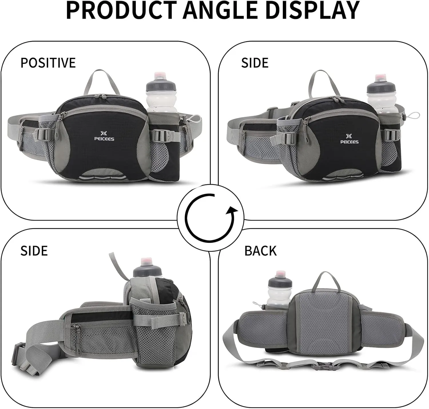 Peicees Hiking Fanny Pack Large Waist Bag for Men Women with Bottle Holder Water Resistant Lumbar Pack for Hiking Camping Fishing Outdoor (Bottle Not Included)