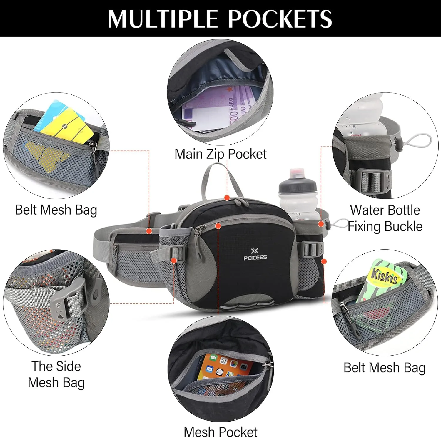 Peicees Hiking Fanny Pack Large Waist Bag for Men Women with Bottle Holder Water Resistant Lumbar Pack for Hiking Camping Fishing Outdoor (Bottle Not Included)