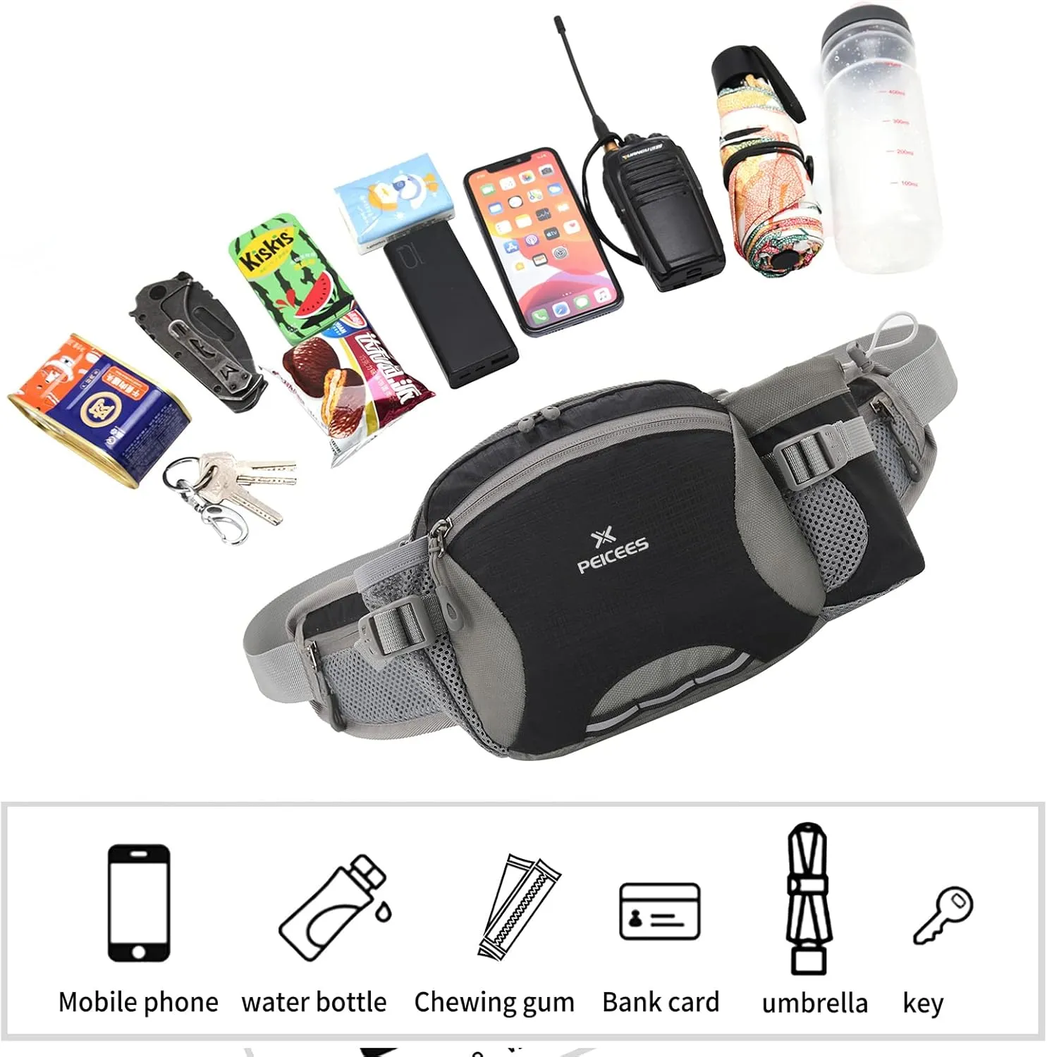 Peicees Hiking Fanny Pack Large Waist Bag for Men Women with Bottle Holder Water Resistant Lumbar Pack for Hiking Camping Fishing Outdoor (Bottle Not Included)