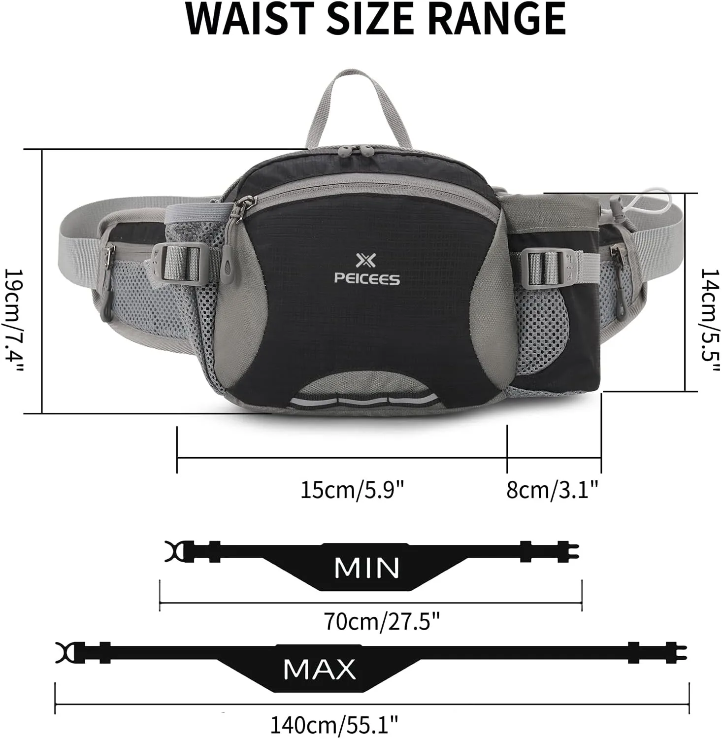Peicees Hiking Fanny Pack Large Waist Bag for Men Women with Bottle Holder Water Resistant Lumbar Pack for Hiking Camping Fishing Outdoor (Bottle Not Included)