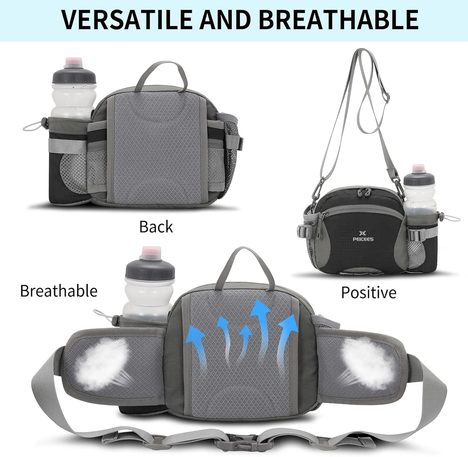 Peicees Hiking Fanny Pack Large Waist Bag for Men Women with Bottle Holder Water Resistant Lumbar Pack for Hiking Camping Fishing Outdoor (Bottle Not Included)
