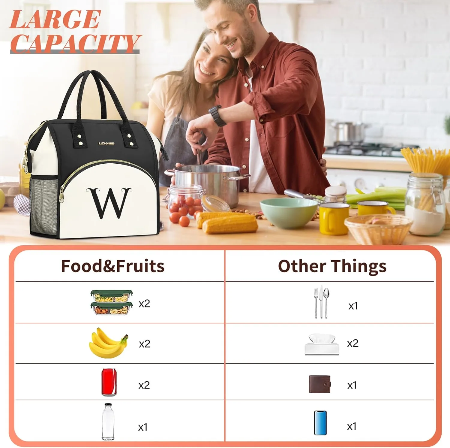 Personalized Lunch Bag for Women, Preppy Reusable Insulated Initials Lunch Box Gift for Friend Large Wide-Open Water Resistant Adult Cooler Tote Bag for Work, Travel, Picnic - Black R