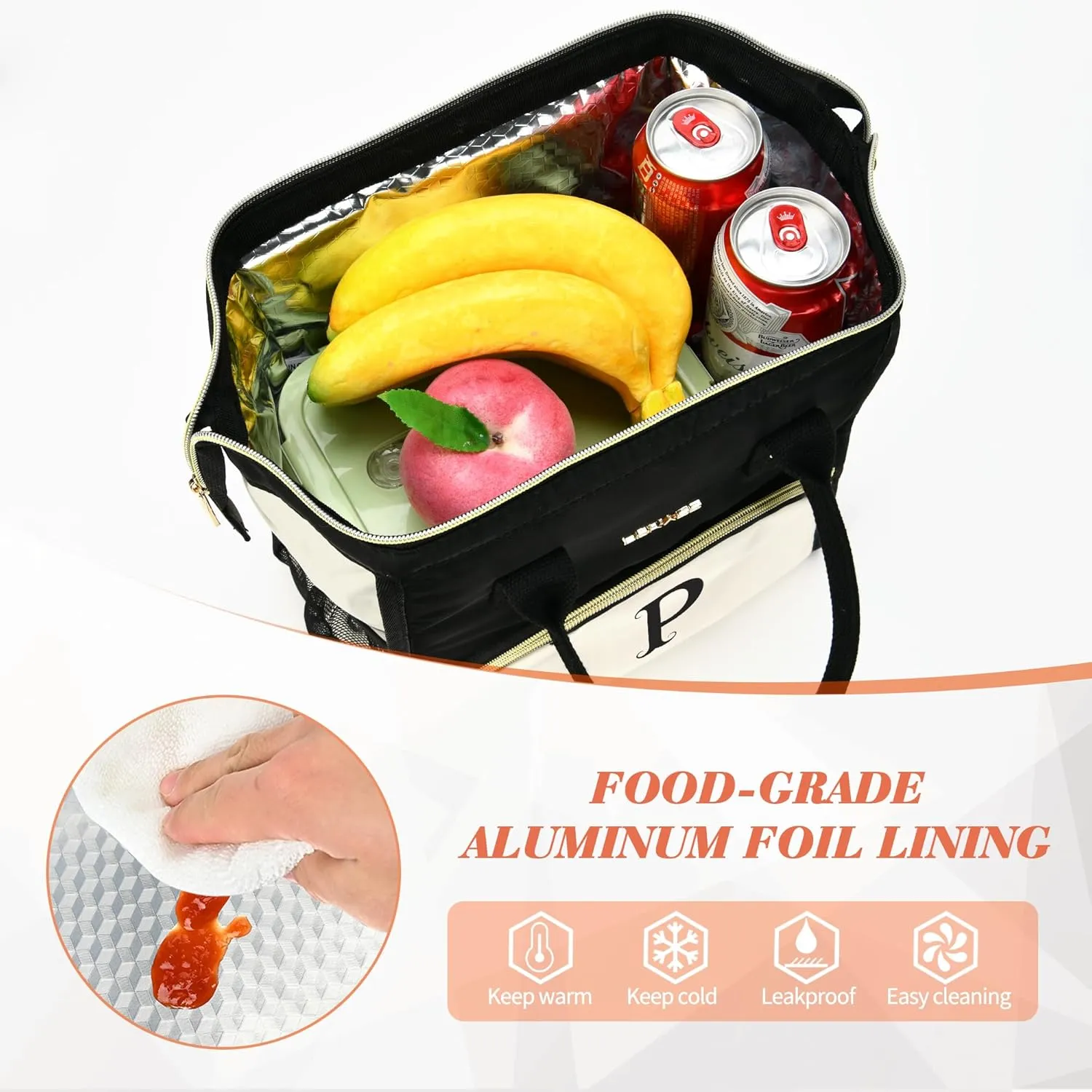Personalized Lunch Bag for Women, Preppy Reusable Insulated Initials Lunch Box Gift for Friend Large Wide-Open Water Resistant Adult Cooler Tote Bag for Work, Travel, Picnic - Black R