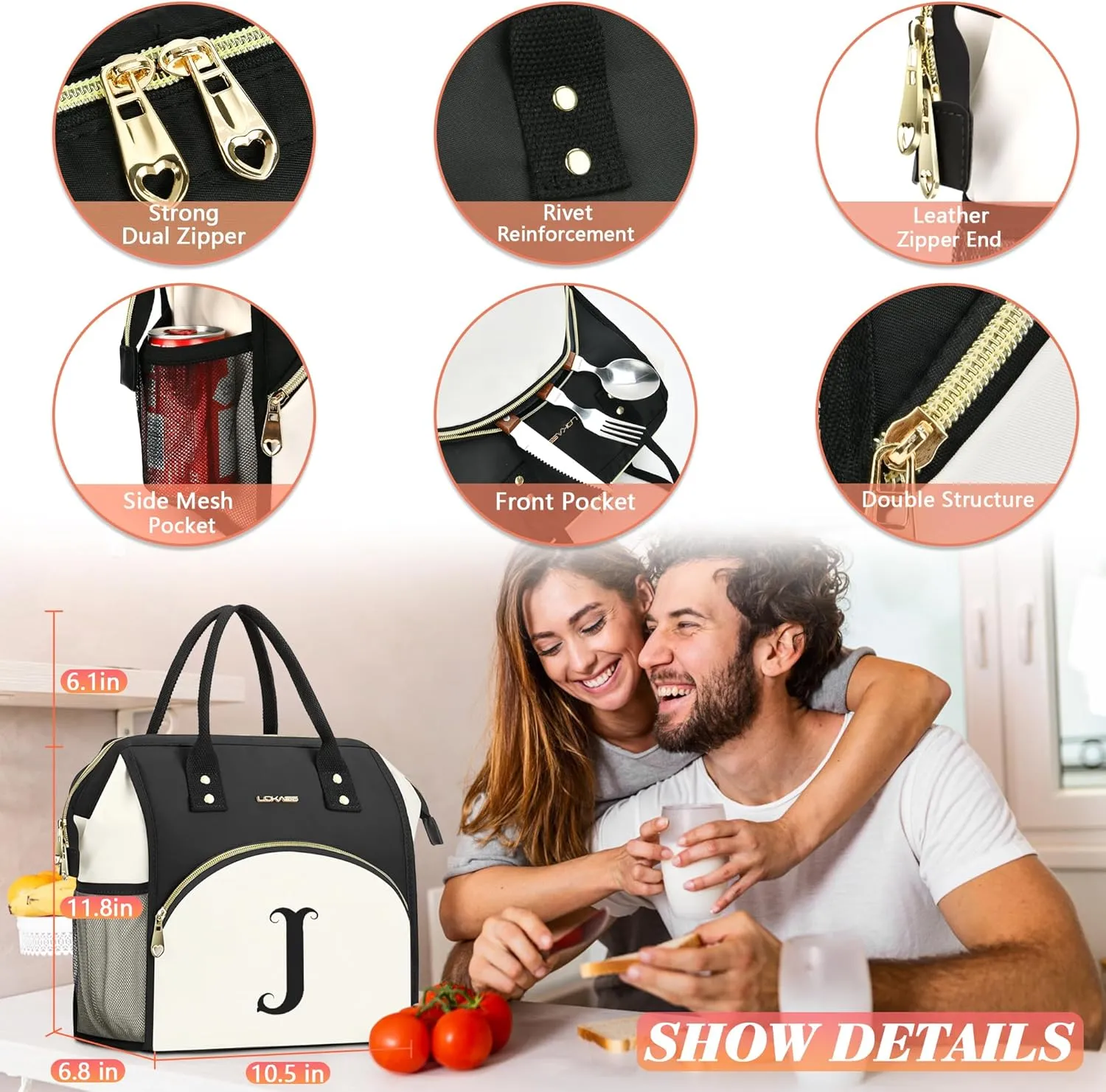 Personalized Lunch Bag for Women, Preppy Reusable Insulated Initials Lunch Box Gift for Friend Large Wide-Open Water Resistant Adult Cooler Tote Bag for Work, Travel, Picnic - Black R