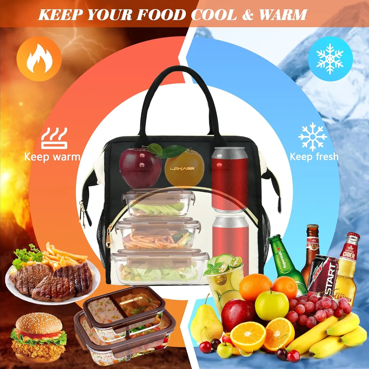 Personalized Lunch Bag for Women, Preppy Reusable Insulated Initials Lunch Box Gift for Friend Large Wide-Open Water Resistant Adult Cooler Tote Bag for Work, Travel, Picnic - Black R