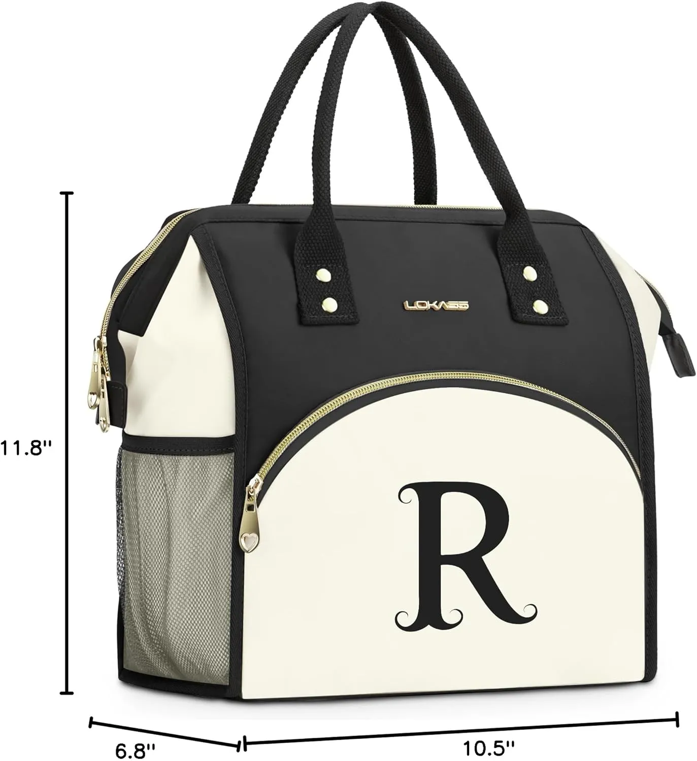 Personalized Lunch Bag for Women, Preppy Reusable Insulated Initials Lunch Box Gift for Friend Large Wide-Open Water Resistant Adult Cooler Tote Bag for Work, Travel, Picnic - Black R
