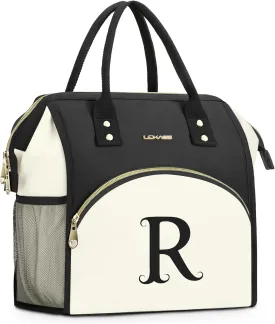 Personalized Lunch Bag for Women, Preppy Reusable Insulated Initials Lunch Box Gift for Friend Large Wide-Open Water Resistant Adult Cooler Tote Bag for Work, Travel, Picnic - Black R