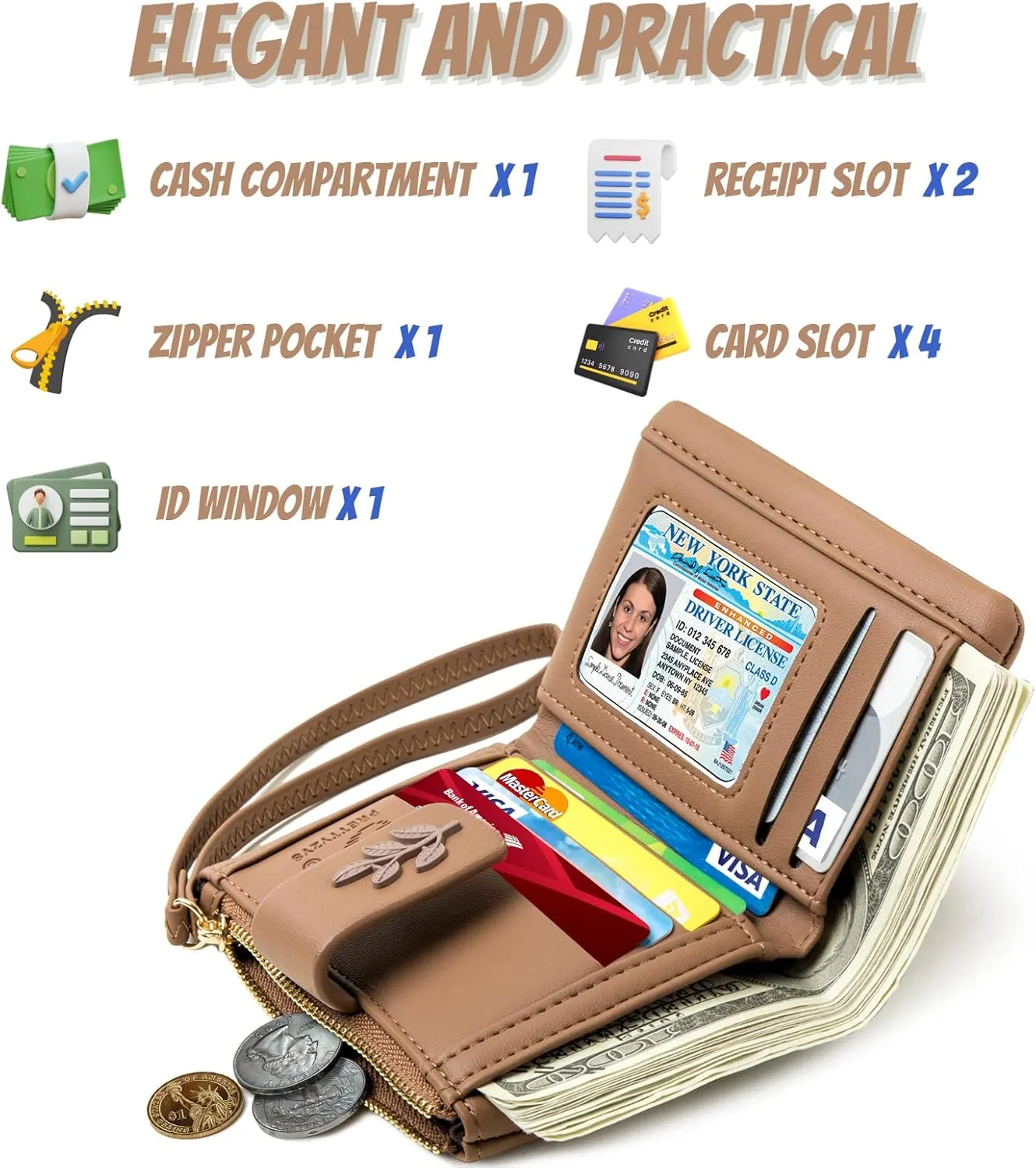 Prettyzys Small Bifold Wristlet Wallet for Women  Handmade, RFID Blocking Wallet Case with Credit Card Sleeves, Cash & Coin Storage Compartments  Mini Purse for Ladies, Teenage Girls - Coffee