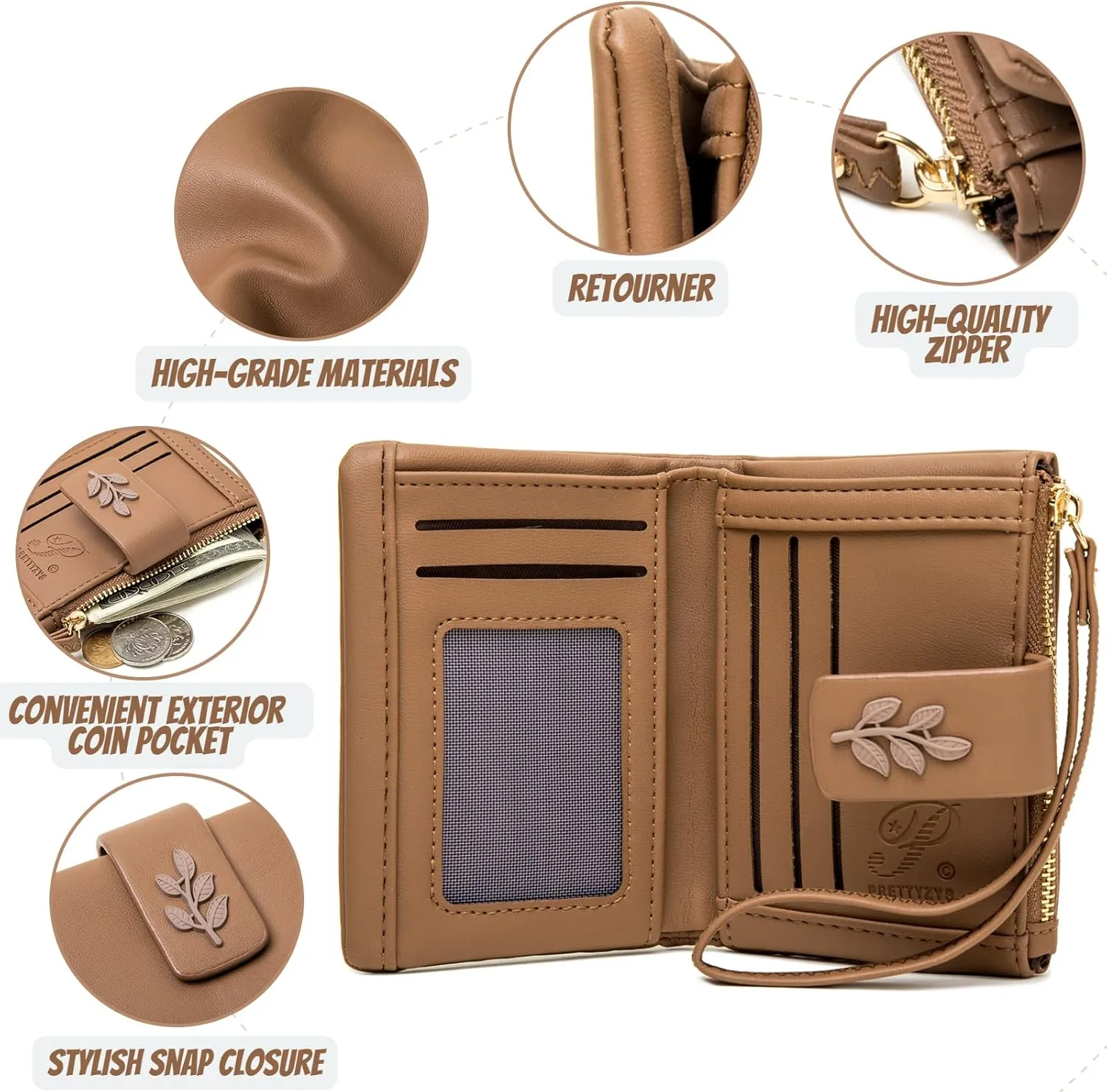 Prettyzys Small Bifold Wristlet Wallet for Women  Handmade, RFID Blocking Wallet Case with Credit Card Sleeves, Cash & Coin Storage Compartments  Mini Purse for Ladies, Teenage Girls - Coffee