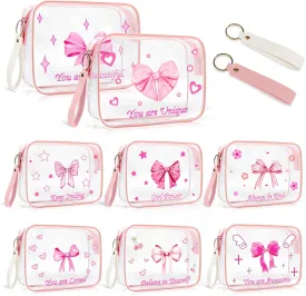 PUNICA 8 Pcs Pink Bow Clear Makeup Bag Pink Coquette Bows Cosmetic Bags Gifts Women, Waterproof PVC Travel Toiletry Bag Bulk, Makeup Pouch Emotional Support Gift for Mother Nurse Graduation Organizer