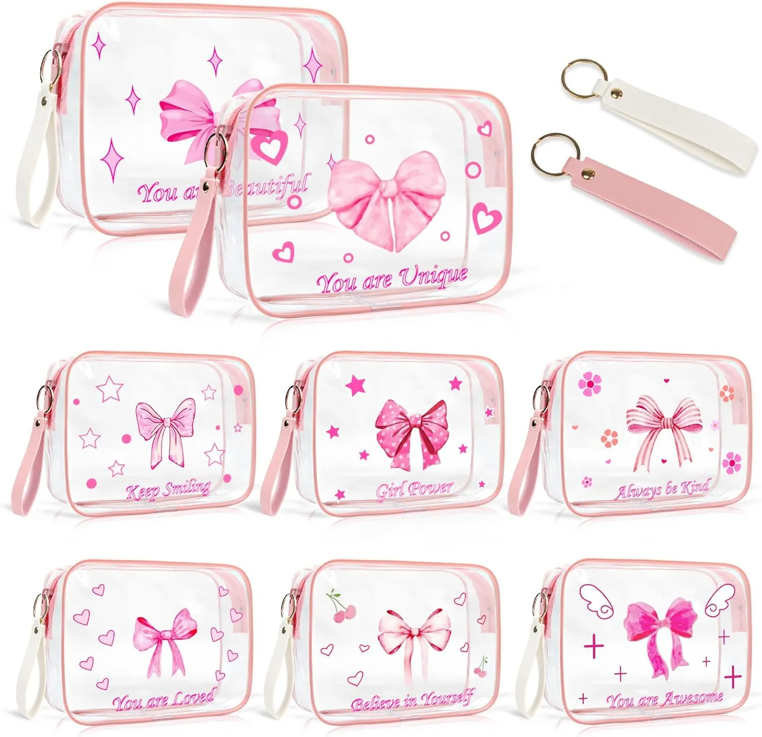 PUNICA 8 Pcs Pink Bow Clear Makeup Bag Pink Coquette Bows Cosmetic Bags Gifts Women, Waterproof PVC Travel Toiletry Bag Bulk, Makeup Pouch Emotional Support Gift for Mother Nurse Graduation Organizer