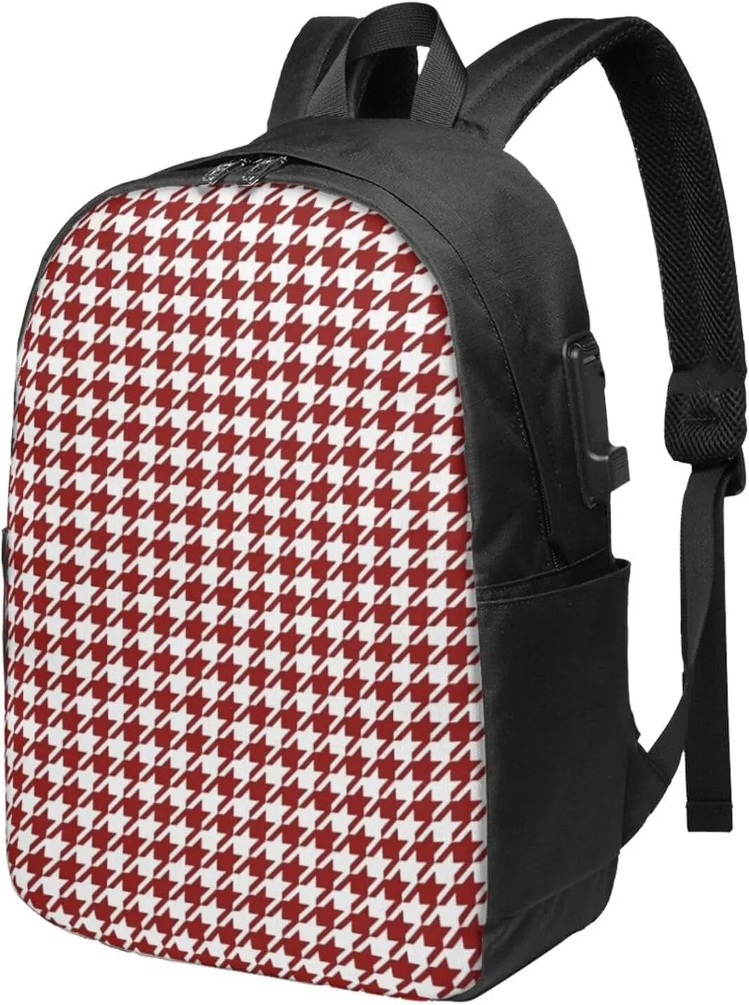 Red Houndstooth Usb Travel Laptop Backpack  Durable Polyester Backbag With Charging Port & Headphone Jack