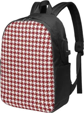 Red Houndstooth Usb Travel Laptop Backpack  Durable Polyester Backbag With Charging Port & Headphone Jack