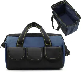 Rugged 16-Inch Wide Mouth Tool Bag for Professionals, Waterproof and Durable. Great for Construction Electricians Carpentry and DIY Enthusiasts, Blue