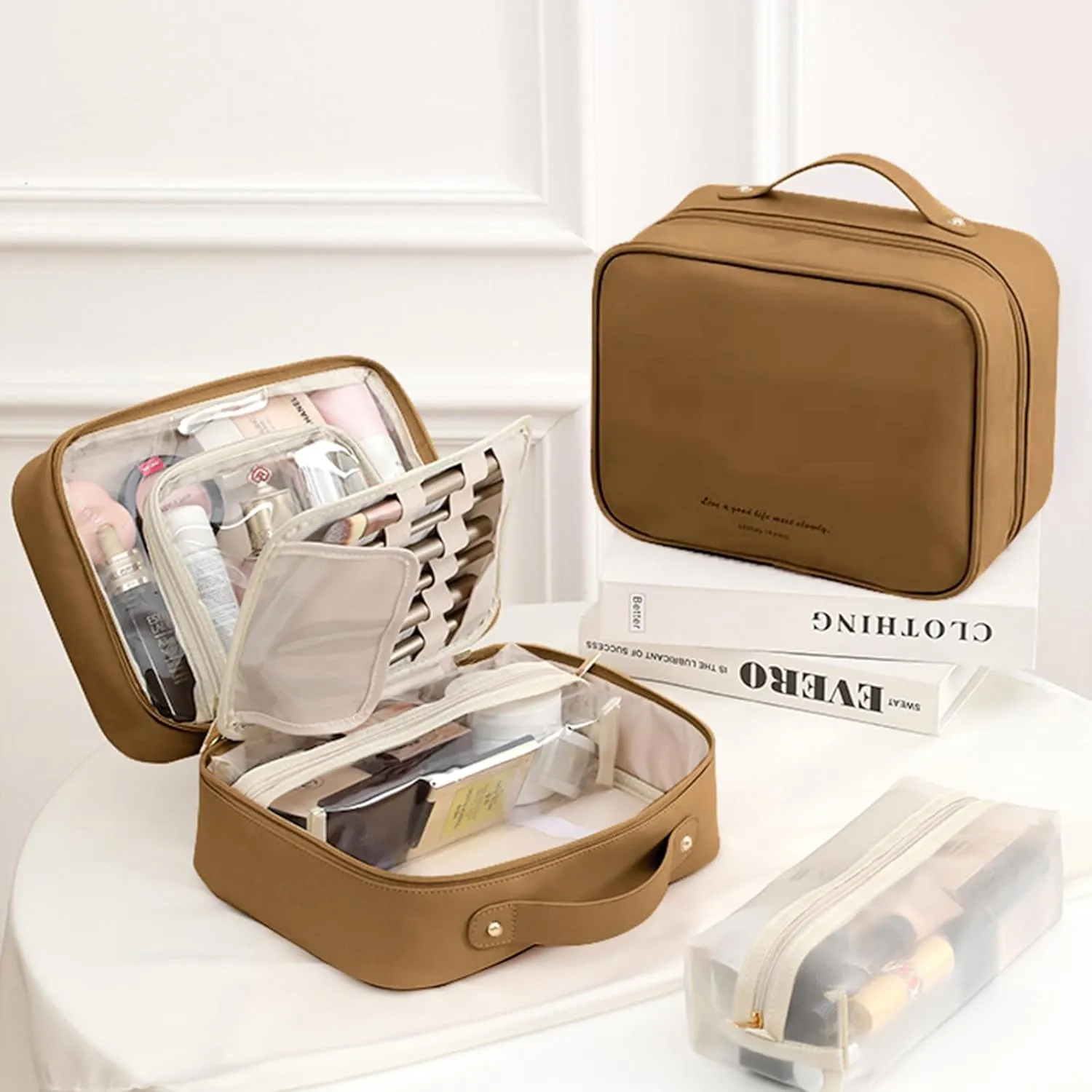 Travel Makeup Bag Large Capacity Cosmetic Organizer Waterproof Leather Toiletry Bag with Brush Holder and Handle Portable Cosmetic Storage Bag for Women Girls Gift - Brown