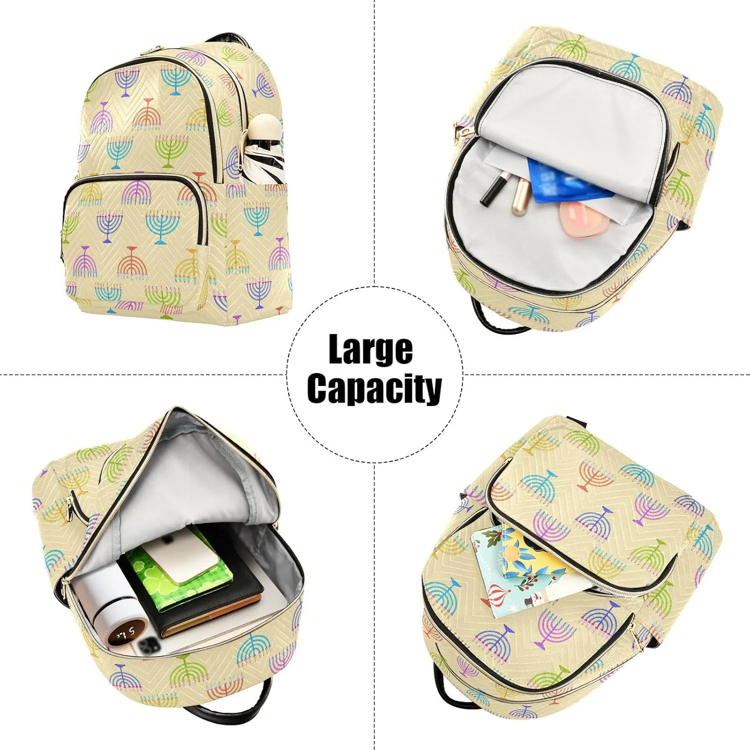 VIGTRO Women Fashion Backpack Quilted Mini Purse Colorful Hanukkah Festival, Lightweight Travel Casual Shoulder Backpack with Adjustable Straps Size M