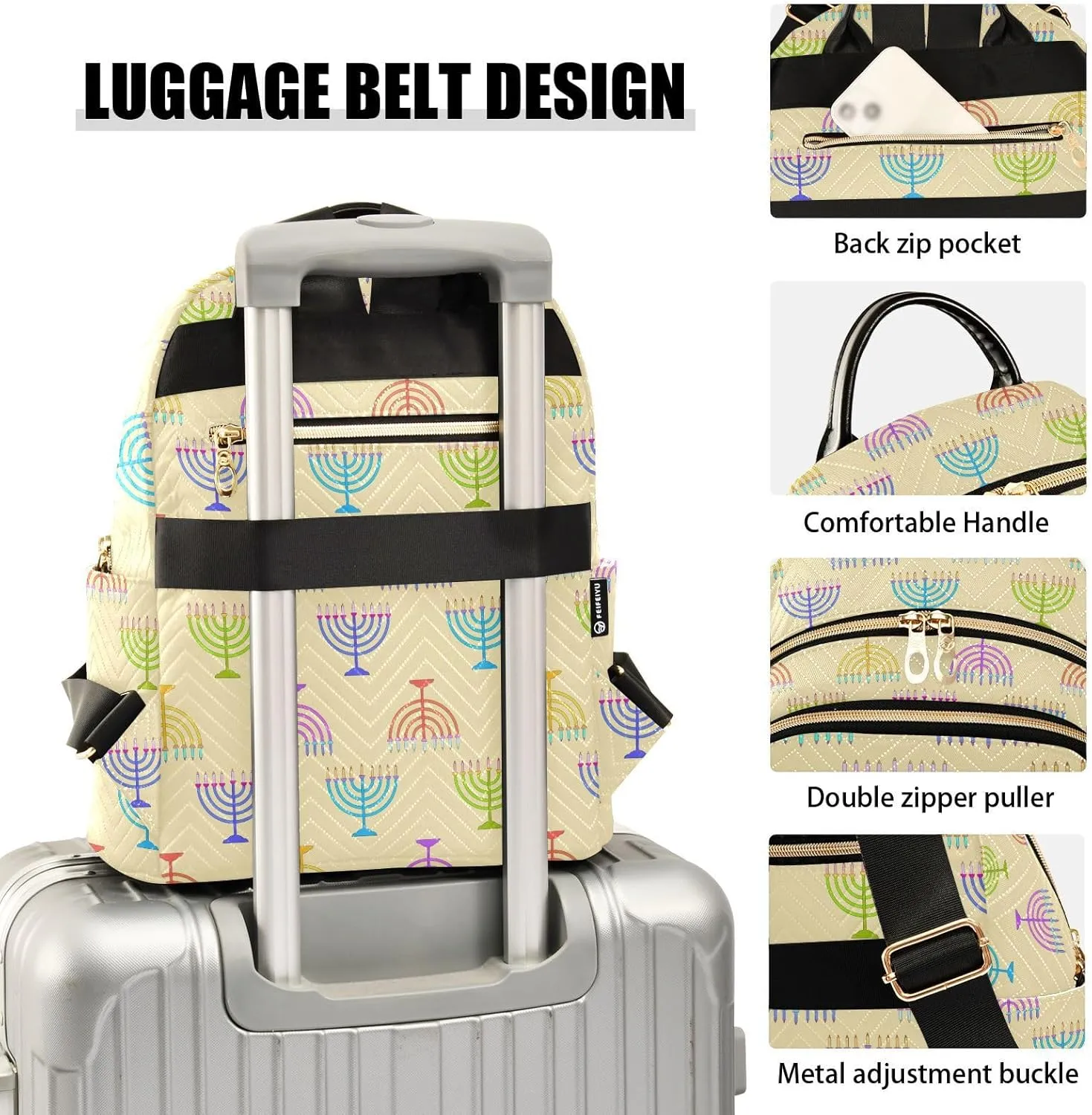 VIGTRO Women Fashion Backpack Quilted Mini Purse Colorful Hanukkah Festival, Lightweight Travel Casual Shoulder Backpack with Adjustable Straps Size M