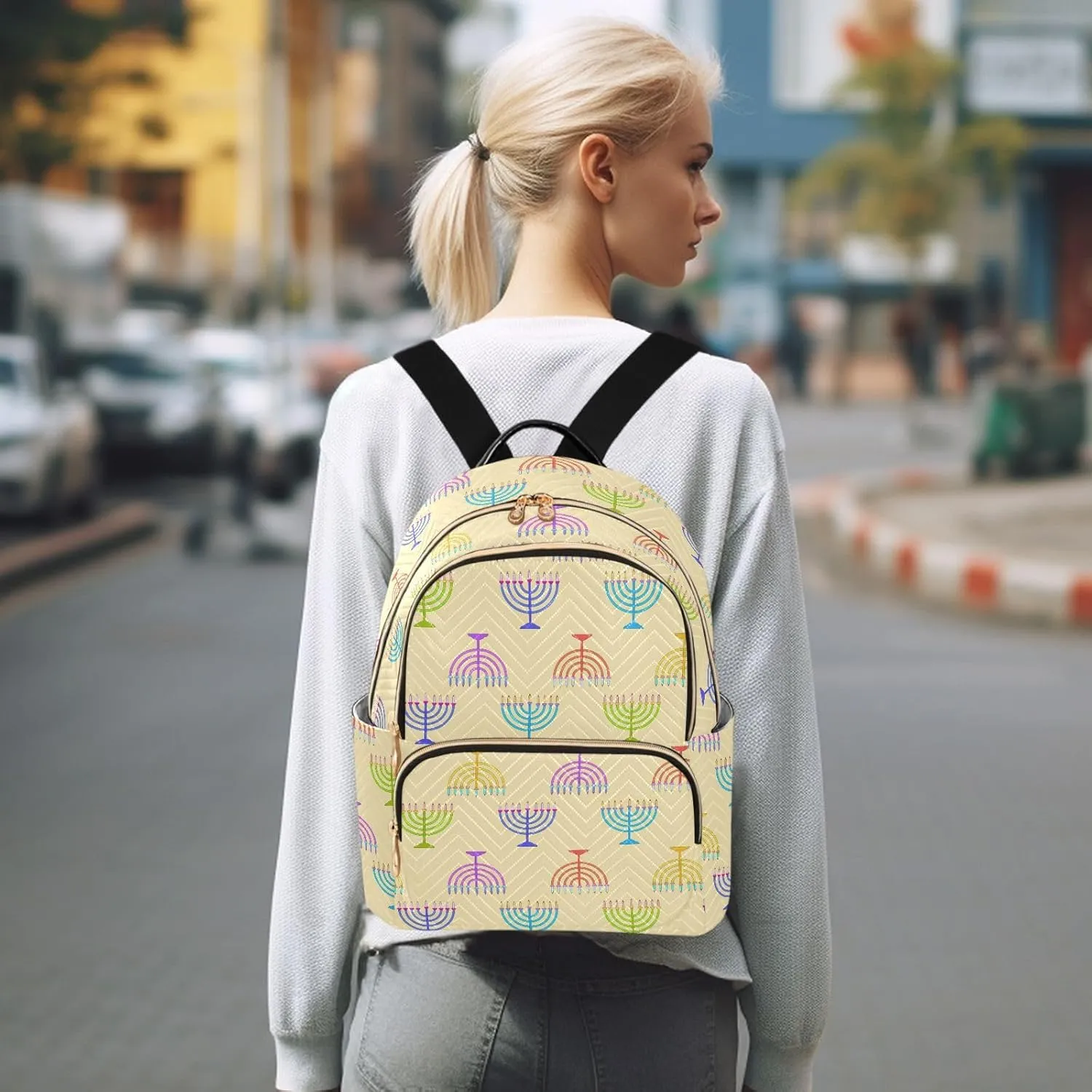 VIGTRO Women Fashion Backpack Quilted Mini Purse Colorful Hanukkah Festival, Lightweight Travel Casual Shoulder Backpack with Adjustable Straps Size M