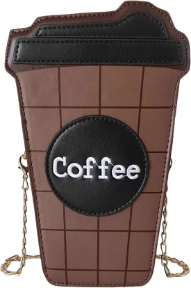 Women's Small Brown Unique Trendy Fun Coffee Cup Shaped Vegan Leather Crossbody Purse Bag with Gold Chain