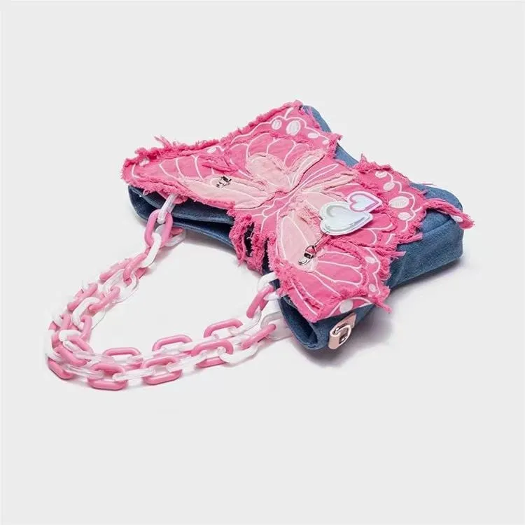 Y2K Pink Denim Butterfly Crossbody Bag